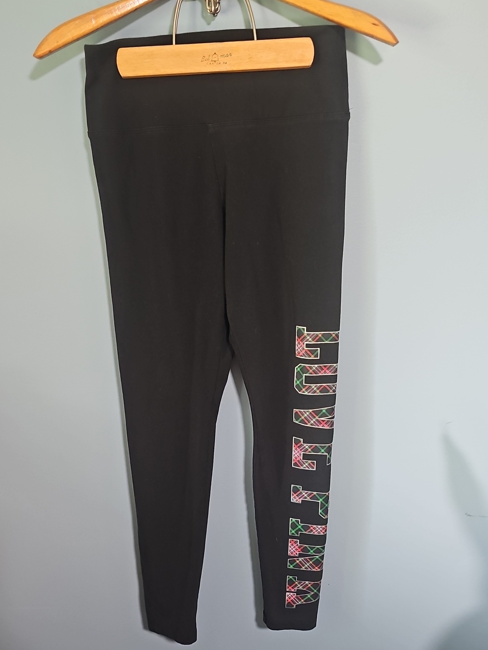 PINK Victoria's Secret Black Leggings with Plaid Side Logo Size Large